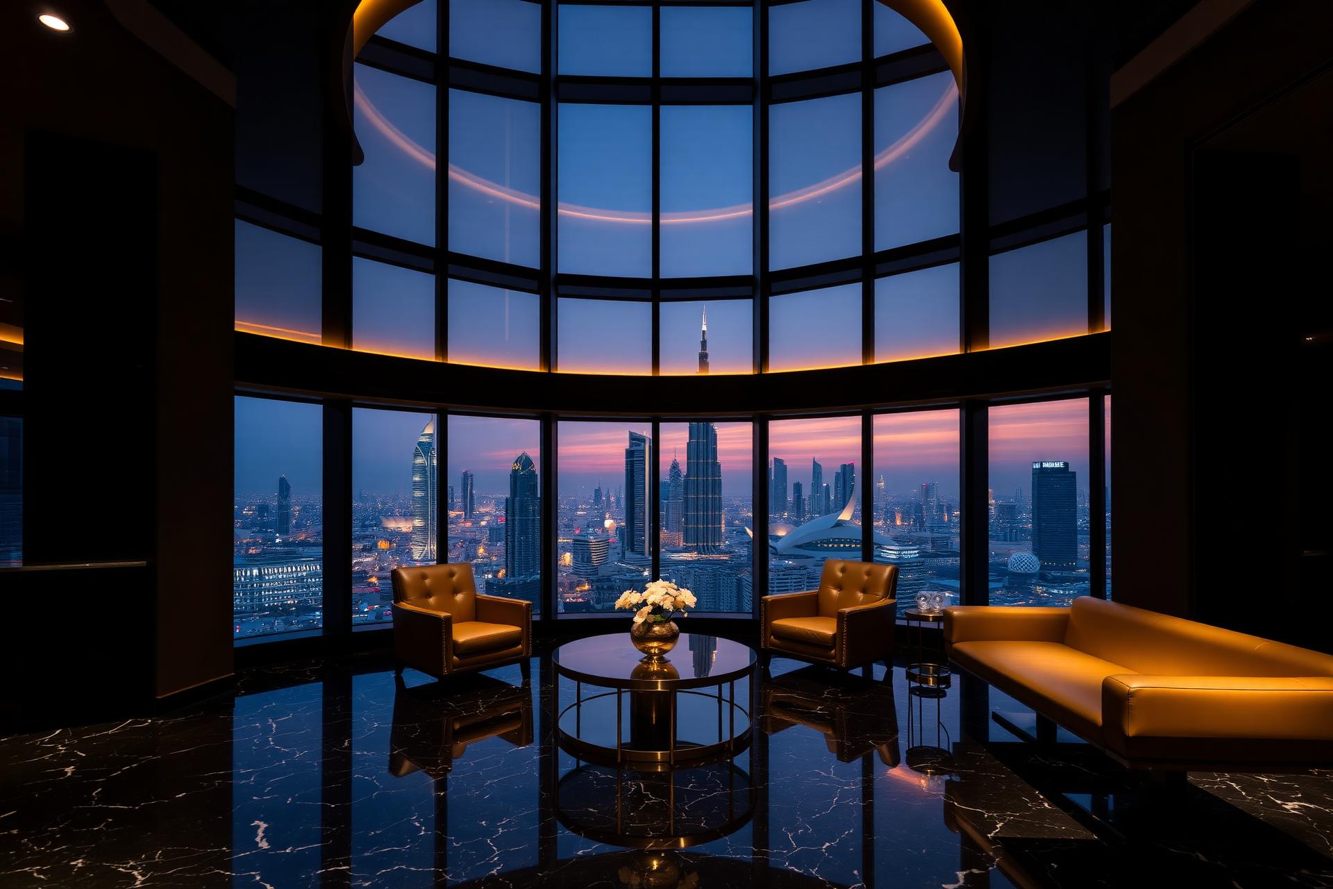 Private investor lounge overlooking Dubai skyline