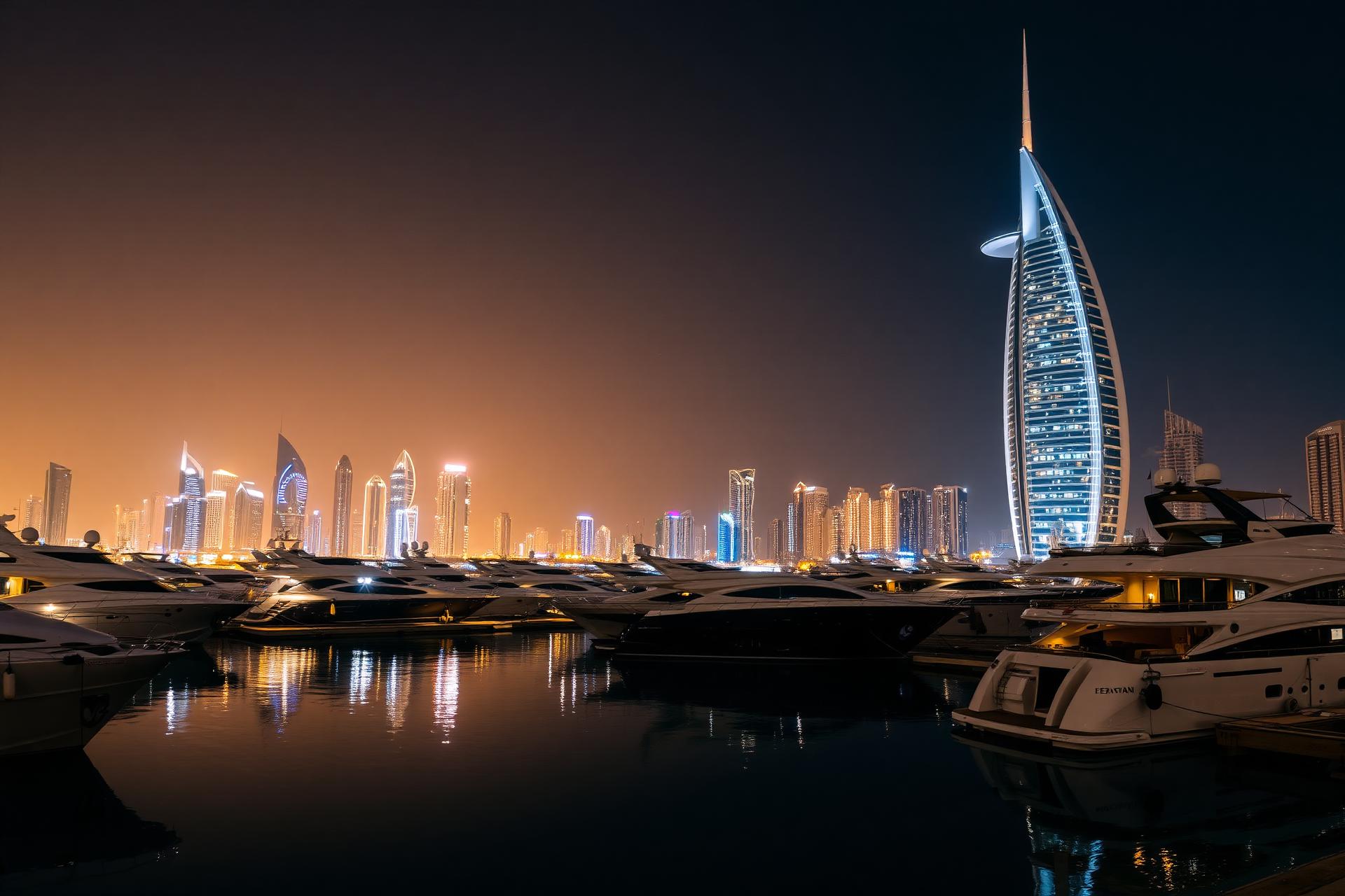 Dubai luxury yacht marina at night